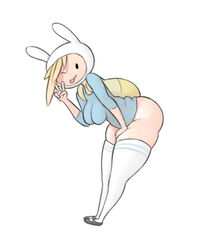 1girls adventure_time ass backpack bag bending_over bent_over bottom_heavy bottomless breasts clothed female fionna_the_human_girl human looking_at_viewer pose shirt shoes simx smile solo source_request thick_thighs thighhighs tongue_out v wide_hips winking