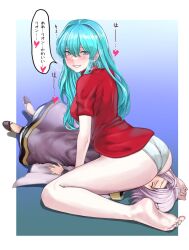 1boy 1girls ass bare_legs barefoot big_ass blue_eyes blue_hair blush breasts cape eirika_(fire_emblem) facesitting female fire_emblem fire_emblem:_the_sacred_stones grin heart heart-shaped_pupils heavy_breathing highres japanese_text legs long_hair looking_back lyon_(fire_emblem) malesub medium_breasts nintendo no_pants panties pocari66 purple_hair red_shirt robe shirt short_sleeves simple_background sitting_on_face smile solo_focus sound_effects spoken_heart straddling text translation_request underwear white_panties