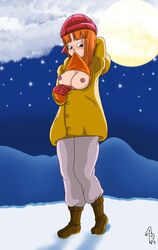 apoc_rex biting biting_clothes blush clothed clothing coat dragon_ball dragon_ball_z female flashing hat human outdoors outside red_hair shirt_in_mouth shirt_lift snow solo suno