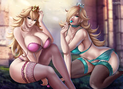 2girls artist_logo big_breasts blonde_hair blue_eyes bra bra_lift breasts brown_lipstick cleavage crown cyan_eyes female female_only flowerxl garter_belt large_breasts legwear light_blue_lingerie lingerie lollipop long_hair looking_at_viewer mario_(series) multiple_girls nintendo on_knees outside pale-skinned_female pale_skin panties pink_lingerie pink_lipstick platinum_blonde_hair princess princess_peach princess_rosalina royalty seductive_look seductive_smile sitting smile thick thick_female thick_thighs thighhighs video_game_character