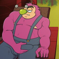 bulge cartoon_network erection erection_under_clothes furry fuzzy_lumpkins male male_only monster nipples overalls powerpuff_girls sitting solo the_purple_wolf_guy