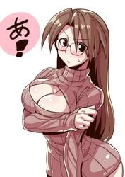 1girls arm_under_breasts azumanga_daiou black_eyes blush breasts brown_hair cleavage clothing contrapposto embarrassed glasses koyomi_mizuhara large_breasts long_hair looking_at_viewer open-chest_sweater ribbed_sweater sweatdrop sweater tsuki_wani white_background