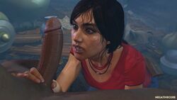 1girls 3d biracial black_hair blue_eyes chloe_frazer cock_shock dark-skinned_male fellatio hand_on_penis indian interracial negativecoresfm outdoors outside penis penis_awe sweat tan-skinned_female uncharted uncharted_4