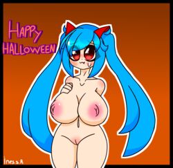 :3 areolae background big_breasts blue_hair blush breasts byternomar cute_fang dialgafirewolf exposed_breasts exposed_pussy female happy_halloween holidays huge_breasts original_character red_eyes sweatdrop twintails vampire