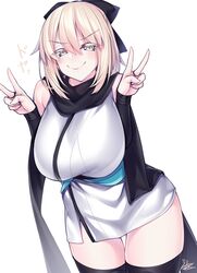 :> curvy fate/grand_order fate_(series) hair_ribbon huge_breasts looking_at_viewer okita_souji_(fate) okita_souji_(fate)_(all) pale-skinned_female pale_skin peace_sign scarf short_hair smug smug_face thick_thighs thighhighs watosu_(watosu_mama)