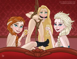 3girls anna_(frozen) blonde_hair blue_eyes bondage braided_hair braided_ponytail breasts champagne champagne_glass disney disney_princess dominant_female elsa_(frozen) female female_only femdom femsub frozen_(film) gag gagged germanic green_eyes high_boots high_heel_boots human human_only lezdom lipstick multiple_females multiple_girls naked nipples nordic northern_european open_mouth_gag rapunzel red_hair ring_gag rope rope_bondage saliva_string siblings sisters sofa submissive submissive_female tangled yes_i_did yuri