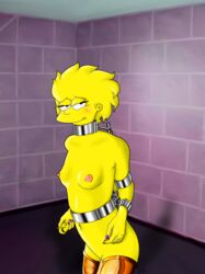 1girls aged_up basement bondage breasts eye_contact half-closed_eyes lisa_simpson looking_at_viewer metal metal_bondage small_breasts source_request the_simpsons yellow_body