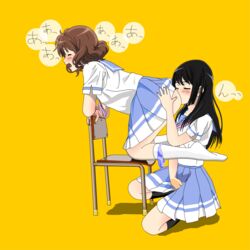 2girls anilingus ass_grab ass_lick black_hair brown_hair clothing female female_protagonist hibike!_euphonium kousaka_reina long_hair on_chair oral_sex oumae_kumiko panties rimjob rimming school_uniform schoolgirl short_hair skirt text yuri