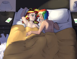 breasts clothes dress equestria_girls female friendship_is_magic garter human in_bed my_little_pony partial_nudity rainbow_dash_(mlp) ring sideboob silfoe smooth_skin sunset_shimmer tan_lines topless wedding_dress yuri