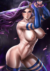 1girls abs absurdres areolae bare_pussy betsy_braddock big_breasts blue_elbow_gloves breasts dandon_fuga elbow_gloves elizabeth_braddock female female_only fingerless_elbow_gloves hairless_pussy highres katana kwannon lactation large_breasts latex_elbow_gloves marvel milk muscles muscular muscular_female nipples pinup psylocke pussy shaved_pussy solo straight_hair superheroine thighhighs violet_eyes wet_pussy x-men