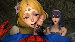 1boy 2girls 3d artist_request crossover eastern_and_western_character fire_emblem fire_emblem_awakening fire_emblem_warriors handjob lianna_(fire_emblem) lucina_(fire_emblem) marvel marvel_comics penis peter_parker spider-man spider-man_(series) straight_hair