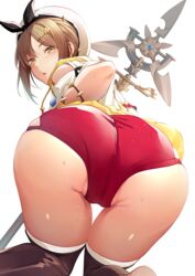 :o ass ass_focus atelier_(series) atelier_ryza blush brown_eyes brown_hair eyebrows_visible_through_hair female female from_behind hair_ornament hairclip hat holding_object holding_staff jewelry looking_at_viewer looking_back red_shorts reisalin_stout revision short_shorts shorts simple_background solo staff sweat thighhighs thighs umihotaru_harumare white_background