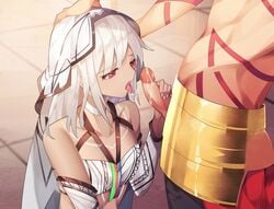 1boy 1girls altera_(fate) clothed_sex clothing dark-skinned_female dark_skin eyebrows_visible_through_hair fate/grand_order fate_(series) fellatio female_focus gilgamesh gilgamesh_(fate) hand_on_penis hands_on_head looking_at_penis muscular_male penis penis_out pettanko red_eyes saliva saliva_on_penis saliva_trail small_breasts straight tattoo tongue tongue_out veil white_hair