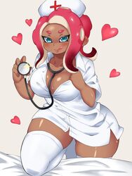 1girls agent_8_(splatoon) big_breasts blue_eyes blush cephalopod cephalopod_humanoid cleavage clothed clothing dark-skinned_female dark_skin female female_only hat heart hearts humanoid large_breasts legwear licking_lips marine marine_humanoid nintendo nurse_cap nurse_uniform octoling pengin_maru shiny shiny_skin solo splatoon splatoon_2 stethoscope sweat tentacle_hair thick_thighs thighhighs thighs white_legwear white_thighhighs wide_hips