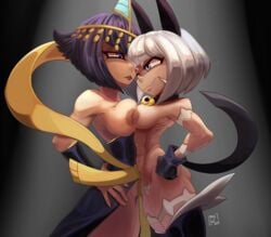 2019 2girls abs age_difference areolae artist_name bard-bot big_breasts black_hair blue_eyes bob_cut breasts breasts_to_breasts cat_ears catgirl color dark_hair egyptian egyptian_clothes eliza_(skullgirls) female female_only fingerless_glove fingerless_gloves large_breasts muscular_female nadia_fortune nipples pubic_hair short_hair skullgirls slit_pupils spotlight tail thighhighs white_hair