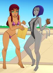 2girls alien_girl bikini blackmail dc dc_comics demon_girl grey_skin killer_lotion lotion lotion_bottle orange_skin pool poolside purple_hair rachel_roth raven_(dc) red_hair rodjim seductive smile starfire summer sunscreen swimsuit teen_titans