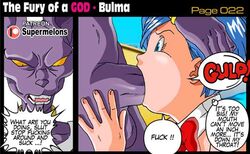 beerus big_penis bulma_briefs cheating comic deepthroat dragon_ball dragon_ball_super dragon_ball_z fear fellatio female gigantic_penis god_of_destruction imminent_sex interspecies male page_22 patreon suck sucking super_melons text the_fury_of_a_god_(supermelons)