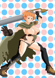 big_breasts boots bra breasts breasts cape gloves maou-sama_retry mikan_(maou-sama_retry) orange_eyes orange_hair panties smiling sword