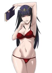 1girls arm_up armpits bikini black_hair breasts cape cleavage female fire_emblem fire_emblem_awakening fire_emblem_heroes highres j@ck long_hair medium_breasts navel nintendo parted_lips purple_eyes smile solo standing swimsuit tharja_(fire_emblem) tiara two_side_up