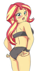 back_view bikini black_bikini black_bra black_panties blush deviantart_link equestria_girls female friendship_is_magic looking_at_viewer looking_over_shoulder my_little_pony solo sumin6301 sunset_shimmer two_piece_swimsuit