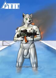 2019 animal_genitalia animal_penis anthro balls black_nose canid canine canine_penis digital_media_(artwork) flaccid fox fully_sheathed fur grey_body grey_fur gun hi_res holding_object holding_weapon male male_only mammal muscular muscular_male outside penis pirin-apex platinum_fox pool_(disambiguation) ranged_weapon red_fox scar sheath solo vein veiny_balls water weapon