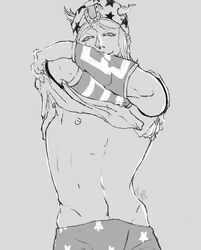 1boy abs bare_chest belly belly_button boc15 chest cowboy hat human human_only johnny_joestar jojo's_bizarre_adventure male male_focus male_nipples male_only monochrome nipples removing_shirt seductive signature solo_male steel_ball_run stomach undressing western wrist_wraps yeehaw