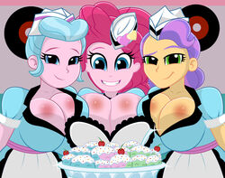 3girls big_breasts breasts cleavage equestria_girls female food friendship_is_magic hasbro hi_res highres huge_breasts ice_cream large_breasts maraschino_cherry mashoart my_little_pony pinkie_pie_(eg) pinkie_pie_(mlp) smiling straight_hair sundae sunny_sugarsocks_(eg) tip_top_(eg) trio waitress