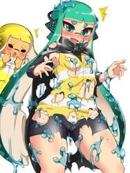 2girls agent_3_(splatoon) agent_4_(splatoon) blue_eyes blush bow_panties cephalopod cephalopod_humanoid clothed clothing female female_only goo green_hair humanoid inkling inkling_girl long_hair marine marine_humanoid multiple_girls nintendo open_mouth panties pengin_maru shiny shiny_skin splatoon splatoon_2 standing tentacle_hair thighs torn_clothes very_long_hair white_background white_panties yellow_hair