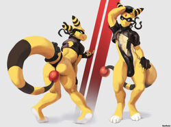 1boy ampharos anthro anthrofied ass bent_over big_ass bodysuit bulge clothing eye_contact feet furry gloves handwear hi_res leotard looking_at_viewer male_only mask nintendo original_character paws penis_outline pokémon_(species) pokemon pokemon_(species) pokemon_gsc pose sharu sheep sling_bikini sunhuiz tail tail_censor text thick_thighs tight_clothing vest video_games watermark wide_hips yellow_fur