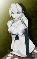 1girls armwear belly_button blue_eyes breasts clothed clothing cosplay dragon_ball dragon_ball_xenoverse erect_nipples female grey_skin large_breasts majin metal_gear metal_gear_solid metal_gear_solid_v metal_gear_solid_v:_the_phantom_pain monster_girl nipples open_mouth ponytail puddin pussy quiet_(metal_gear)_(cosplay) ripped_clothing solo stomach thelustyomni-blade tongue