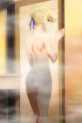 1girls absurd_res absurdres ahoge artoria_pendragon ass back back_view bare_arms bare_back bare_legs bare_shoulders bathroom blonde_hair braid cap censored fanservice fate/stay_night fate_(series) female french_braid green_eyes hair_ornament hair_ribbon high_resolution highres indoors looking_at_viewer looking_back nude official_art rear_view ribbon saber screen_capture screencap shower sideboob solo standing steam steam_censor stitched thighs tied_hair type-moon very_high_resolution