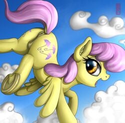 2019 absurd_res animal_genitalia animal_pussy anus ass celsian cloud cutie_mark dock equid equine equine_pussy feathered_wings feathers female feral flying hi_res jewelry looking_at_viewer looking_back mammal my_little_pony parasol_(mlp) pterippus pussy raised_tail sky solo underhoof wings