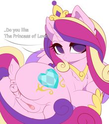 2019 absurd_res alicorn animal_genitalia animal_pussy anus ass clitoral_winking clitoris cutie_mark english_text equid equine_pussy feathered_wings feathers female feral friendship_is_magic hair hi_res horn looking_at_viewer looking_back lying mammal multicolored_hair my_little_pony on_side princess_cadance_(mlp) pussy simple_background solo text white_background wings xsatanielx