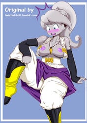 armwear blue_eyes blush breasts clothed clothing cosplay dragon_ball dragon_ball_xenoverse edit erect_nipples female flashing humanoid majin necklace nipples open_mouth ponytail puddin sitting solo spread_legs thelustyomni-blade tongue twisted-brit zangya