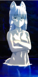 animal_ears animal_tail anxious bathing blue_eyes blue_hair braided_hair breasts concerned covering_breasts female_only hataage!_kemono_michi hips long_hair low_res monster_girl moonlight night pale_skin river screencap screenshot shigure_(kemono_michi) shoulders slim_waist stomach thighs thinking wolf_ears wolf_girl wolf_tail