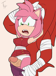 1boy 1girls amy_rose amy_rose_(boom) arms arms_above_head big_penis dress female grabbing_arms green_eyes knuckles_the_echidna male mouth open_mouth pants pants_down pants_pull pants_pulled_down penis pink_fur pink_hair red_fur red_hair small_pupils sonic_(series) sonic_boom sonic_the_hedgehog_(series) the_other_half thigh_sex veiny_penis