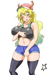 1girls areolae baseball_cap big_breasts blush breasts cleavage erect_nipples erect_nipples_under_clothes female female_only hat horns hotpants large_breasts looking_at_viewer miss_kobayashi's_dragon_maid nipples one_eye_closed quetzalcoatl_(dragon_maid) shirt_lift short_shorts solo thelorope thighhighs