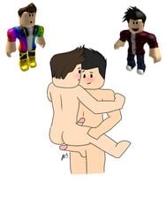 2boys artist_signature ass back balls black_hair blush brown_hair carrying gay male male/male male_only noobstruck nude nude_male open_mouth pale-skinned_male pale_skin penis roblox roblox_avatar short_hair simple_background standing stomach tease white_background yaoi