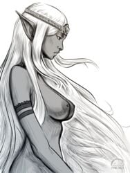 1girls areolae artist_logo artist_name breasts elf elf_ears elf_female female female_only jewelry long_hair monochrome nipples nude nude_female pinktaco sketch solo solo_female tagme uncensored white_hair