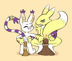 3_fingers anthro anus ass biped closed_eyes crouching digimon digimon_(species) dipstick_tail duo feces fingers fur gatomon maneuveringsnake msnake multicolored_tail renamon scat spread_butt spreading standing