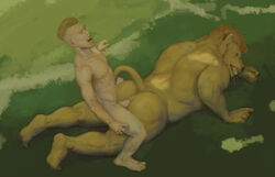 anal anal_sex anthro anthro_penetrated anus ass back_muscles bodily_fluids clenched_teeth closed_eyes drooling duo erection feet felid from_behind_position grass high-angle_view human human_on_anthro human_penetrating human_penetrating_anthro interspecies larger_anthro larger_male lion lying male male/male male_penetrated male_penetrating male_penetrating_male mammal muscular muscular_male open_mouth orcfun outside pantherine penetration penis saliva sex size_difference small_dom_big_sub smaller_human smaller_male soles teeth