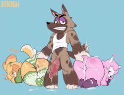 2019 alpaca animal_crossing anthro ass balls big_penis bitebox64 blush bodily_fluids camelid canid canine canis clothed clothing cum cum_drip cum_in_ass cum_in_pussy cum_inside cum_on_butt domestic_dog dripping female fur genital_fluids hair half-erect hi_res humanoid_penis isabelle_(animal_crossing) kyle_(animal_crossing) male mammal nintendo penis pink_body pink_fur pussy reese_(animal_crossing) shih_tzu shimapan straight toy_dog video_games wolf yellow_body yellow_fur