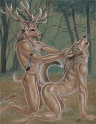 2011 all_fours anal anal_sex anthro anthro_on_anthro balls canid canine canis cervid doggy_style domination erection from_behind_position hair long_hair male male/male male_penetrated male_penetrating male_penetrating_male mammal nude outside penetration penis sex tree tribal tristanalexander wolf