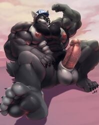 2019 5_toes absurd_res anthro armpit_hair balls baseball_cap beard biceps big_balls big_muscles big_nipples big_penis black_claws black_nose body_hair canid canine canis chest_hair claws clothing coach coach_mika cursedmarked erection facial_hair flexing fur grey_body grey_fur happy_trail hat headgear headwear hi_res huge_muscles looking_at_viewer male male_only mammal muscular muscular_male nipples nude pecs penis pink_nipples pink_penis plantigrade pubes sitting solo toes uncensored vein veiny_muscles veiny_penis whistle wolf yellow_eyes