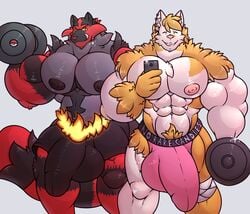 2boys a0nmaster a0nsecretroom abs absurd_res bara big_bulge big_pecs bulge clothes dumbbell duo exercise eye_contact feline furloid furry gay gym hi_res huge_pecs huge_penis huge_testicles hyper hyper_penis incineroar lifting looking_at_viewer male male_only mammal muscular muscular_male nintendo nipples original_character pecs piercing pokémon_(species) pokemon pokemon_sm pose testicles thick_penis thick_thighs topless training utau utauloid video_games waltt weights wide_hips