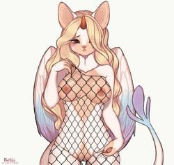 angel blonde_hair blush breasts feathered_wings feathers female fishnet hair hi_res horn hybrid mammal nipples prisha pussy simple_background solo wings