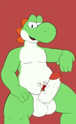 2019 absurd_res andythetanuki anthro balls chiropteran clothed clothing digital_media_(artwork) erection green_yoshi hi_res humanoid_penis macro male male_only mammal mario_(series) micro nintendo open_mouth penis reptile scalie simple_background size_difference smile superabsurd_res video_games yoshi