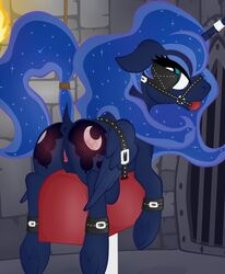 2019 alicorn animal_genitalia animal_pussy anus ass ball_gag bondage bondage_furniture bound clitoral_winking clitoris crotchboobs cutie_mark dungeon equid equine_pussy eyelashes female feral friendship_is_magic gag hair hi_res horn inside looking_at_viewer looking_back mammal my_little_pony princess_luna_(mlp) pussy solo virenth wings