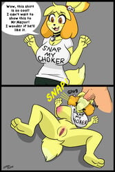 2koma animal_crossing anthro bell big_breasts breasts canid canine canis choker choker_snapping clothed clothing deepthroat deepthroat_invitation domestic_dog english_text feet fellatio female fuck-me_shirt fur hi_res human imminent_deepthroat instant_loss_2koma isabelle_(animal_crossing) lemondude male male_human/female_anthro mammal meme nintendo oral oral_sex penis pussy snap_my_choker straight text throat_bulge throat_swabbing upside-down video_games yellow_body yellow_fur