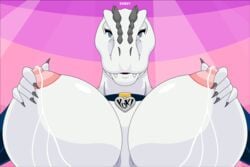 1girls 2019 animated anthro anthrofied areolae big_areola big_breasts blue_eyes bodily_fluids breast_grab breasts claws collar conditional_dnp dinosaur evov1 eye_contact eyelashes female half-closed_eyes huge_breasts hybrid indominus_rex jurassic_park jurassic_world lactation large_breasts looking_at_viewer milk nipple_pinch nipples non-mammal_breasts pink_background reptile scalie smile solo tag teeth text theropod universal_studios wet white_skin yuki_(evov1) yukiminus_rex_(evov1)